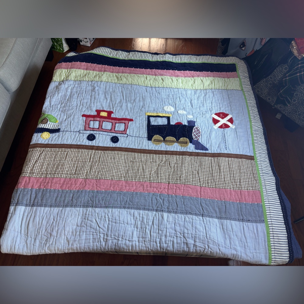 Pottery Barn Kids Blue Train & Car Quilted Baby/Child Blanket - Picture 4 of 8